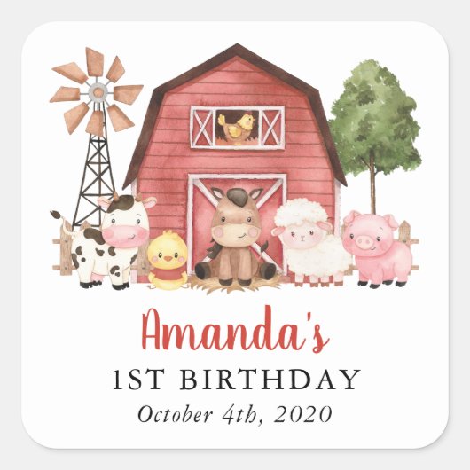 Farm Animals, Cute Animals, Barn, First Birthday Vierkante Sticker (Voorkant)