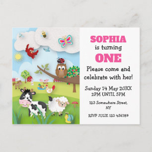 Farm Animals First Birthday Invitation Briefkaart