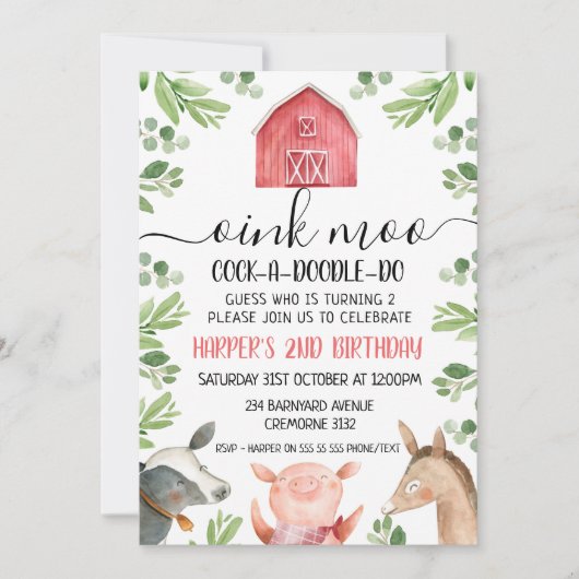 Farm Animals Foliage 2e verjaardag uitnodiging (Voorkant)