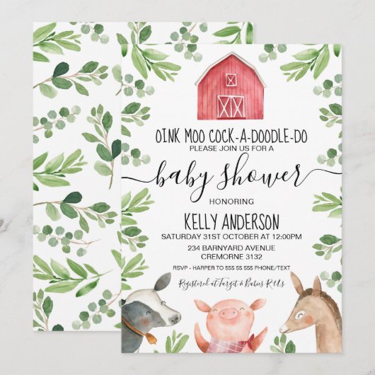 Farm Animals Foliage Baby shower Invitation Kaart (Voorkant / Achterkant)
