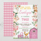 Farm Animals Girl Pink Birthday Invitation Kaart (Voorkant / Achterkant)