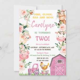 Farm Animals Girl Pink Birthday Invitation Kaart