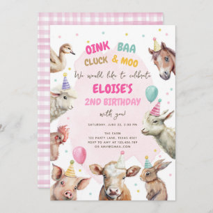 Farm Animals Girl Pink Gingham Barnyard Birthday I Kaart