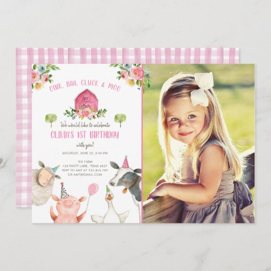 Farm Animals Girl Pink Gingham Barnyard Birthday Kaart (Voorkant / Achterkant)