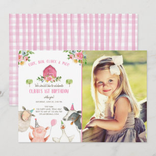 Farm Animals Girl Pink Gingham Barnyard Birthday Kaart