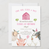 Farm Animals Girl Pink Gingham Barnyard Birthday Kaart (Voorkant)