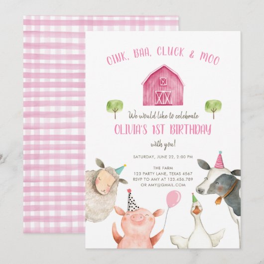 Farm Animals Girl Pink Gingham Barnyard Birthday Kaart (Voorkant / Achterkant)
