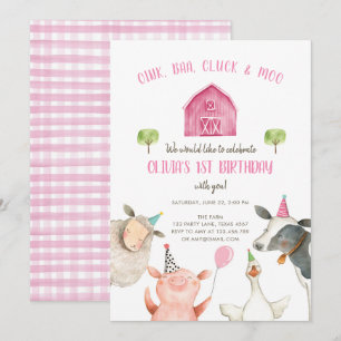 Farm Animals Girl Pink Gingham Barnyard Birthday Kaart