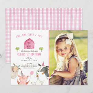 Farm Animals Girl Pink Gingham Barnyard Birthday Kaart