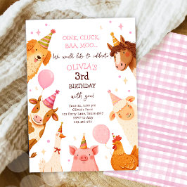 Farm Animals Girl Pink Gingham Barnyard Birthday Kaart