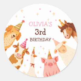 Farm Animals Girl Pink Gingham Barnyard Birthday Ronde Sticker