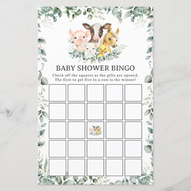 Farm Animals Greenery Fun Baby Shower Bingo Game (Voorkant)