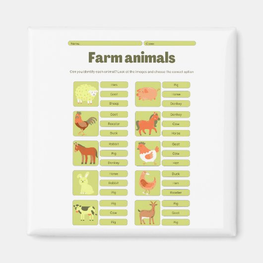 Farm Animals Identification Educational Worksheet Magneet (Voorkant)