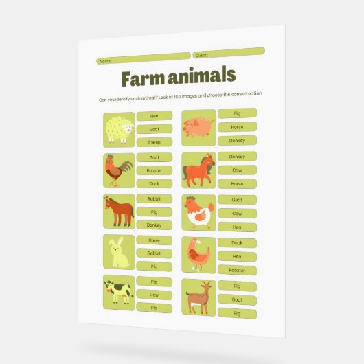 Farm Animals Identification Learning Worksheet (Angle)