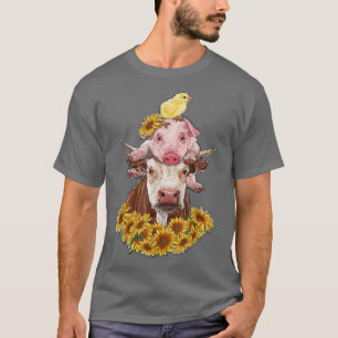 Farm Animals Koe Varkenskuikens met zonnebloemen T-shirt