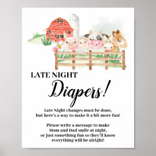 Farm Animals Late Night Diapers Baby shower sign Poster