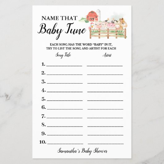 Farm Animals Name Baby Tune Shower Game Card Flyer (Voorkant)