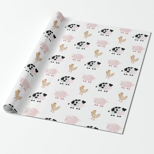 Farm Animals Pattern White Wrapping Paper Cadeaupapier (Uitgerold)