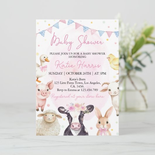 Farm Animals Pink Barnyard Baby shower Uitnodiging (Staand voorkant)