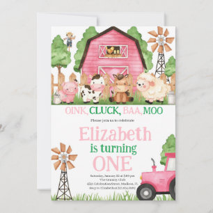 Farm Animals Pink Girl Barnyard Birthday Party Kaart