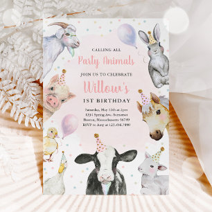 Farm Animals Pink Girl Barnyard Birthday Party Kaart