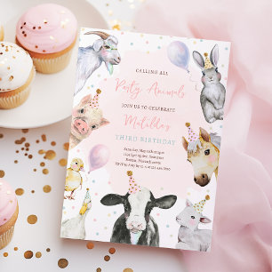 Farm Animals Pink Girl Barnyard Birthday Party Kaart