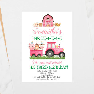 Farm Animals Pink Girl Barnyard Birthday Party Kaart