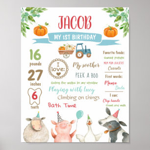 Farm Animals pomkin First Birthday Boy Milestone Poster