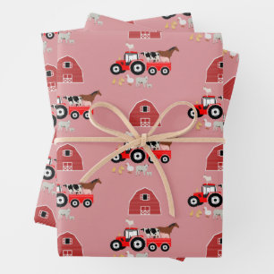 Farm Animals & Red Tractor Barnyard Girls Pattern Inpakpapier Vel