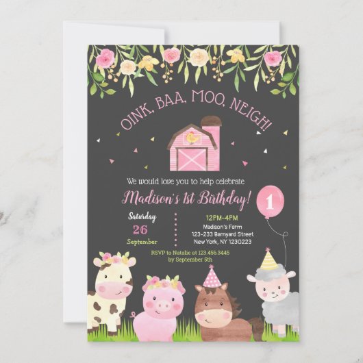 Farm Barnyard 1er anniversaire fêtes Invitations f (Devant)