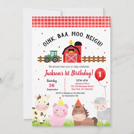Farm Barnyard 1er anniversaire fêtes Invitations g (Devant)