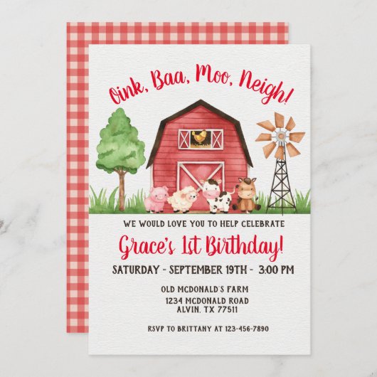 Farm Barnyard 1er anniversaire Invitation (Devant / Derrière)