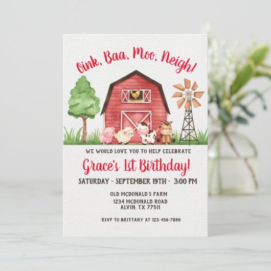 Farm Barnyard 1er anniversaire Invitation (Debout devant)