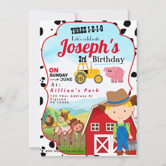 FARM BOY 3rd BIRTHDAY INVITATION THREE-I-I-I-O (Devant)
