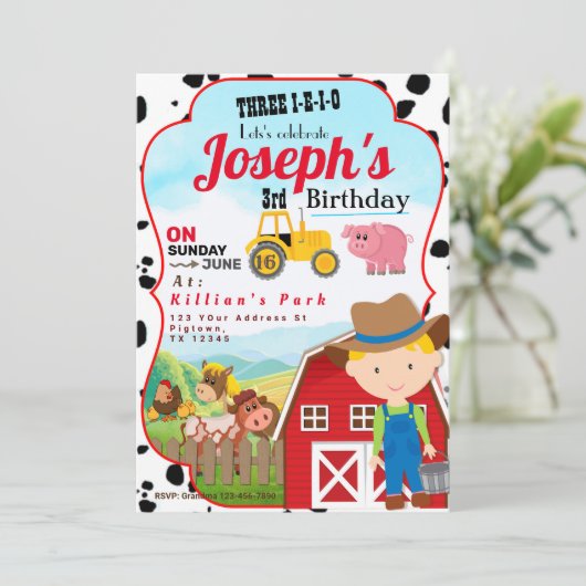 FARM BOY 3rd BIRTHDAY INVITATION THREE-I-I-I-O (Debout devant)