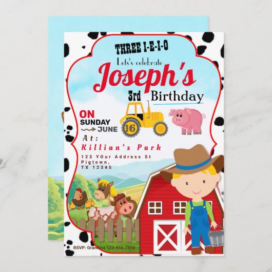 FARM BOY 3rd BIRTHDAY INVITATION THREE-I-I-I-O (Devant / Derrière)