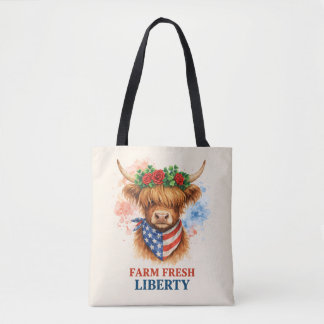 Farm Fresh Liberty Highland Cow Patriotic USA Art Draagtas
