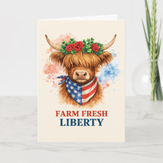 Farm Fresh Liberty Highland Cow Patriotic USA Art Kaart