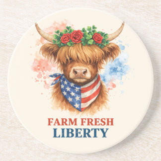 Farm Fresh Liberty Highland Cow Patriotic USA Art Zandsteen Onderzetter
