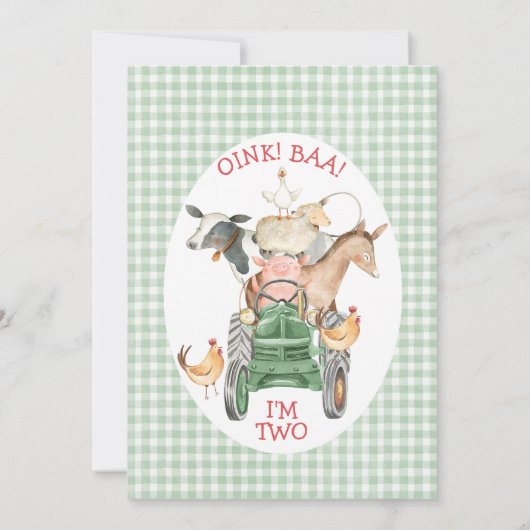Farm Green Tractor Oink Baa Moo 2nd Birthday Kaart (Achterkant)