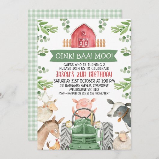 Farm Green Tractor Oink Baa Moo 2nd Birthday Kaart (Voorkant / Achterkant)