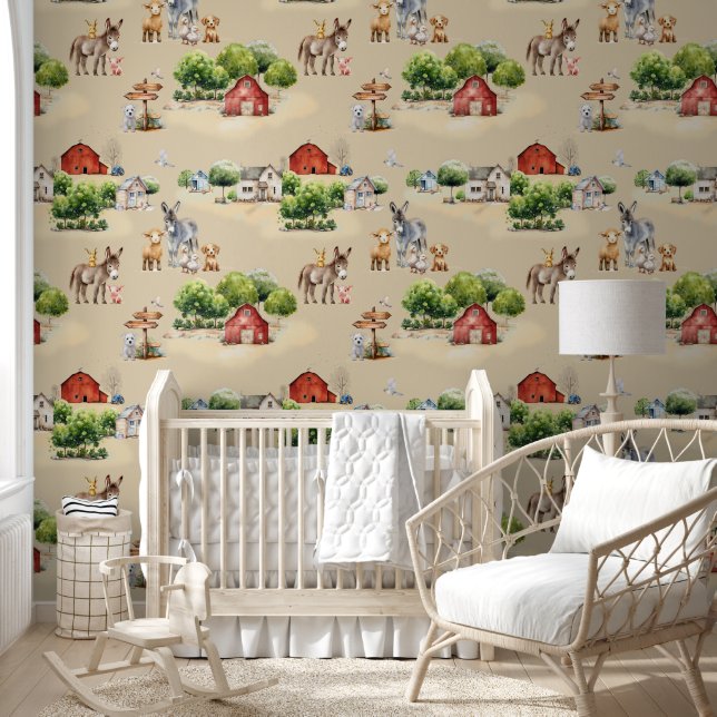 Farm Land Beige Repeating Seamless Country Pattern Behang (Kinderen)