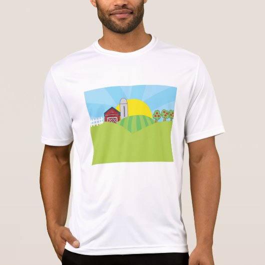 Farm Landscape Red Barn Silo Apple Trees T-shirt (Voorkant)