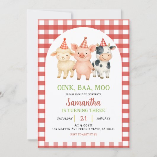 Farm Party Gingham Birthday Invitation Kaart (Voorkant)