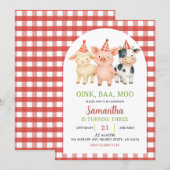 Farm Party Gingham Birthday Invitation Kaart (Voorkant / Achterkant)