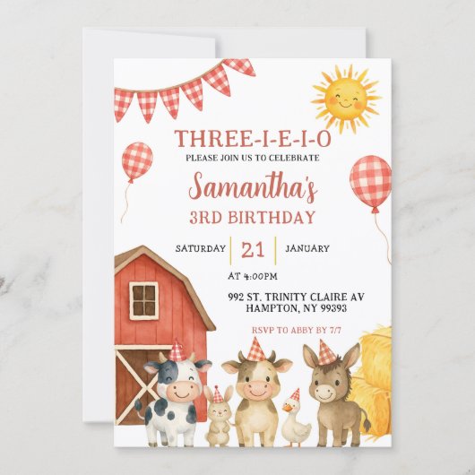 Farm Party Three-i-e-i-o Birthday Invitation (Devant)