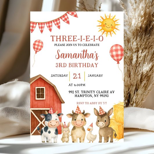 Farm Party Three-i-e-i-o Birthday Invitation