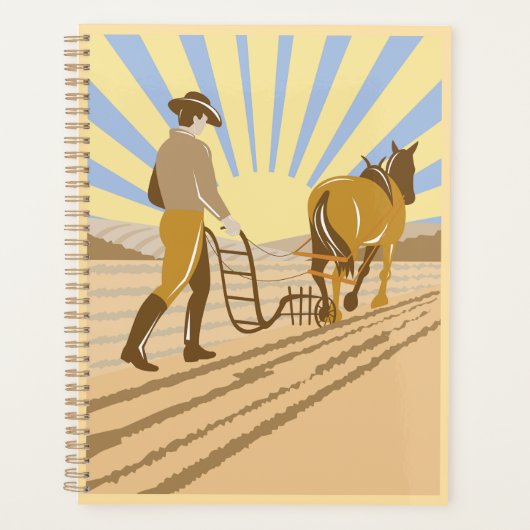 Farmer and Horse Plowing Field Retro Sunrise (Devant)