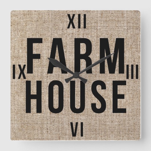 FARMHOUSE Black Lettering Rustige Burlap Sacking Vierkante Klok (Voorkant)