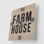 FARMHOUSE Black Lettering Rustige Burlap Sacking Vierkante Klok (Hoek)